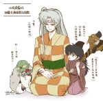  1girl 2boys :o barefoot beak black_hair checkered_clothes checkered_kimono child clenched_hand clothing_request colored_skin cosplay costume_switch crescent crescent_facial_mark curtained_hair dated eyeshadow facial_mark fewer_digits forehead_mark frown fur_shawl furrowed_brow green_sash green_skin group_costume_switch hair_over_shoulder hakama hakama_pants hand_on_lap hat highres holding holding_staff inuyasha jaken japanese_clothes kakasi131522 kariginu kimono long_hair looking_at_another makeup multiple_boys obi one_side_up orange_kimono pants parted_bangs pink_eyeshadow pointy_ears rin_(inuyasha) sash seiza sesshoumaru shadow shawl side-by-side signature sitting staff standing sweat sweatdrop tate_eboshi translation_request v-shaped_eyebrows very_sweaty white_background white_hair wide_sleeves wispy_bangs yukata 