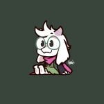  animal_ears azenzeph barefoot cloak deltarune english_commentary fang goat_ears goat_horns green_background green_cloak horns pink_scarf ralsei round_eyewear scarf signature sitting skin_fang stuffed_animal stuffed_toy toy 
