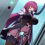  1girl absurdres amibanottoki armor arms_behind_back bdsm between_breasts blush bodysuit bondage bound bound_arms bound_legs breasts commentary_request covered_navel fate/grand_order fate_(series) gagged highres in_container large_breasts long_hair pauldrons purple_bodysuit purple_hair red_eyes restrained scathach_(fate) shoulder_armor strap_between_breasts sweat tube 