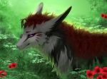  2018 brown_fur detailed_background digital_media_(artwork) digital_painting_(artwork) dragon eyelashes flower fur furred_dragon grass looking_at_viewer nashiholy plant purple_eyes white_fur 