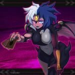  1girl bent_over blue_tongue breasts card colored_sclera colored_tongue covered_nipples cowboy_shot dclaret demon_girl demon_wings duel_monster facial_mark green_eyes grey_hair heterochromia highres holding holding_card large_breasts multicolored_hair open_mouth orange_eyes purple_background purple_hair solo spikes third_eye trading_card two-tone_hair wings yellow_sclera yu-gi-oh! yubel 