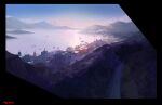  blue_sky building day highres highway hill house lake morning mountainous_horizon original reflection reflective_water road shore sky slow_d town tree water 