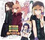  5girls :d :| ? ^_^ adjusting_clothes adjusting_headwear ahoge akikaze_rui baseball_cap black_jacket black_pants black_shirt blonde_hair blue_hair blunt_bangs blunt_ends blurry blush brown_eyes brown_hair bullfalk chameleon charmeleon closed_eyes closed_mouth collarbone collared_jacket collared_shirt commentary_request contrapposto cropped_legs cropped_shirt crossover eighth_note fire food fruit green_eyes green_shirt grey_hat hair_between_eyes hair_ribbon hand_on_own_hip hand_up hands_in_pockets hat heart heart_in_mouth highres jacket long_sidelocks long_sleeves looking_ahead looking_at_another looking_at_viewer looking_to_the_side medium_hair metang multiple_girls musical_note navel open_clothes open_hands open_jacket open_mouth otonashi_ichie pants pink_shirt pokemon pokemon_(creature) ponytail print_shirt purple_hair red_eyes red_jacket red_ribbon ribbon shirt short_sleeves shoujo_kageki_revue_starlight shoujo_kageki_revue_starlight_-re_live- shouting sidelocks simple_background skirt smile sparkle speech_bubble spoken_question_mark stomach sweat tanaka_yuyuko text_print thumbs_up tomoe_tamao translation_request v-shaped_eyebrows white_background white_skirt wristband yellow_eyes yumeoji_fumi 