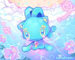  :3 animal_ears antennae artist_name blue_skin cat_ears colored_skin colorful commentary english_commentary fakemon flower fusion gem heart hibiscus highres hue_shifting looking_at_viewer manaphy neogeopet no_humans original pokemon pokemon_(creature) pokemon_focus sand skitty solo water yellow_eyes 