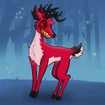 1:1 alastor_(hazbin_hotel) antlers arthropod beetle cervine chest_tuft deer detailed_background digitigrade elateroid eyewear feral firefly fur hazbin_hotel hooves horn insect looking_at_viewer male mammal monocle monocle_only moss plant red_body red_eyes red_fur red_sclera scut_tail sharp_teeth short_tail silly_goofball smile smiling_at_viewer solo swamp tail teeth tree tuft water yellow_teeth