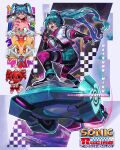  4girls absurdres amy_rose animal_ear_headphones animal_ears aqua_hair cat_ear_headphones chao_(sonic) copyright_name cream_the_rabbit drill_hair fake_animal_ears fingerless_gloves gloves hatsune_miku headphones hedgehog_girl highres hoverboard jacket kasane_teto kornart logo multiple_girls official_alternate_costume open_mouth rabbit_girl sonic_(series) sonic_racing:_crossworlds star-shaped_pupils star_(symbol) symbol-shaped_pupils twin_drills twintails v v_over_eye vocaloid 