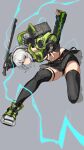  1boy absurdres anby_demara belted_skirt black_gloves black_skirt black_thighhighs braided_sidelocks closed_mouth crop_top fingerless_gloves full_body gloves green_jacket green_shoes green_sleeves grey_hair headphones highres holding holding_sword holding_weapon jacket lightning orange_eyes sakazuki_sudama shoes skirt sword thighhighs weapon zenless_zone_zero 