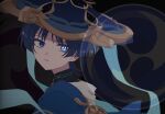  1boy anime_coloring black_bodysuit black_hair blue_cape blue_hat blunt_ends bodysuit cape electro_symbol_(genshin_impact) expressionless eyeliner eyeshadow from_side genshin_impact gold grey_pupils hat japanese_clothes jingasa kimono looking_at_viewer makeup male_focus mandarin_collar mismatched_pupils mitsudomoe_(shape) multicolored_hair mxxu_box parted_lips purple_eyes purple_hair red_eyeliner red_eyeshadow scaramouche_(genshin_impact) solo streaked_hair symbol-shaped_pupils tomoe_(symbol) tsurime wanderer_(genshin_impact) white_kimono white_mouth 