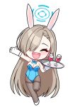  1girl :d ^_^ absurdres alcohol alfie_(tmdals7645) animal_ear_hairband animal_ears aqua_bow aqua_bowtie aqua_halo aqua_leotard asuna_(blue_archive) asuna_(bunny)_(blue_archive) asymmetrical_bangs blue_archive bow bowtie breasts brown_hair brown_pantyhose champagne_flute chibi chibi_only closed_eyes cup detached_collar drinking_glass elbow_gloves fake_animal_ears frilled_gloves frills gloves hair_over_one_eye hairband halo hashtag-only_commentary highres holding holding_plate leotard light_blush long_hair mole mole_on_breast official_alternate_costume open_mouth outstretched_arm pantyhose plate playboy_bunny rabbit_ears red_wine shoes smile solo standing standing_on_one_leg strapless strapless_leotard teeth upper_teeth_only very_long_hair white_gloves white_hairband white_shoes wine 