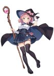  1girl :o absurdres bandaged_wrist bandages black_cape black_skirt blush breasts cape full_body green_eyes hat hat_ribbon high-waist_skirt highres holding holding_staff large_breasts looking_at_viewer medium_hair ochinsama original pink_hair pink_ribbon pleated_skirt ribbon shirt simple_background skirt solo staff thigh_strap white_background white_shirt witch_hat wrist_cuffs 