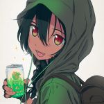  akagi_(fmttps) anoshiras_ii backpack bag braid can fangs fingerless_gloves gloves green_hair hair_between_eyes headphones holding hood hood_up hoodie long_hair long_sleeves looking_at_viewer open_mouth red_eyes simple_background smile soda_can solo ssss.gridman twin_braids upper_body white_background 