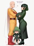  1boy 2girls absurdres anger_vein bald bob_cut boots breasts cape chibi crossed_arms curly_hair dress english_commentary english_text frown fubuki_(one-punch_man) full_body gloves green_dress hands_on_own_hips high_heel_boots high_heels highres large_breasts long_hair long_sleeves looking_at_another medium_hair multiple_girls one-punch_man red_gloves saitama_(one-punch_man) sidelocks simple_background standing tatsumaki white_background white_cape windmill_(windmillg) 