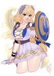  1girl blonde_hair blue_eyes breasts cleavage large_breasts long_hair shield sophitia_alexandra soul_calibur soul_calibur_vi sword tagme weapon 