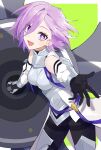  1girl armor bare_shoulders black_gloves border commentary_request fate/grand_order fate_(series) floating_hair gloves green_background highres holding holding_shield holding_weapon looking_at_viewer ma_ple mash_kyrielight mash_kyrielight_(paladin) official_alternate_costume open_mouth outside_border purple_eyes purple_hair reaching reaching_towards_viewer shield short_hair simple_background smile solo weapon white_armor white_border 