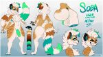 16:9 anthro balls big_butt black_pawpads blue_background bottom_heavy butt cheek_tuft chest_tuft cozymun digitigrade english_text erection eyes_closed facial_tuft fangs felid femboy fur genitals green_body green_fur green_highlights green_sclera grin hi_res highlights_(coloring) huge_butt humanoid_genitalia humanoid_penis hybrid liger male mammal model_sheet mude nonbinary_(lore) orange_body orange_fur orange_stripes pantherine pawpads paws pear-shaped_figure penis simple_background smile soba_(sobadaliger) solo striped_body striped_fur stripes teeth text thick_thighs tuft white_body white_fur white_gair wide_hips widescreen