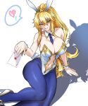  1girl animal_ears artoria_pendragon_(fate) artoria_pendragon_(swimsuit_ruler)_(fate) artoria_pendragon_(swimsuit_ruler)_(first_ascension)_(fate) bare_shoulders between_breasts blonde_hair blue_necktie blue_pantyhose blush breasts card clothing_cutout detached_collar fate/grand_order fate_(series) fishnet_pantyhose fishnets green_eyes hair_between_eyes highleg highleg_leotard highres holding holding_card large_breasts leotard long_hair looking_at_viewer navel_cutout necktie necktie_between_breasts pantyhose playboy_bunny poker_chip ponytail ponytail_with_braided_base rabbit_ears satou_nui simple_background smile solo tiara white_background white_leotard wrist_cuffs 