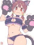  1girl 3: animal_ear_fluff animal_ears animal_hands bare_arms bare_shoulders black_bra black_choker black_gloves black_panties blush_stickers bow bow_panties bra breasts brown_hair cat_cutout cat_ears cat_tail character_name choker cleavage cleavage_cutout clothing_cutout commentary cosplay cowboy_shot dated dot_nose double-parted_bangs embarrassed frilled_bra frilled_choker frilled_panties frills gloves happy_birthday highres large_breasts looking_at_viewer low_twintails multicolored_hair murosaki_miyo navel onii-chan_wa_oshimai! oyama_mahiro oyama_mahiro_(cosplay) panties paw_gloves paw_pose red_eyes red_hair simple_background solo spaghetti_strap stomach strap_slip tail tanpaku_(oqu_2) tearing_up thick_thighs thighs twintails two-tone_hair underboob underwear wavy_mouth white_background 