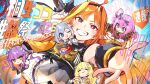  5girls amane_kanata breasts dated dragon_girl dragon_horns happy_birthday highres himemori_luna hololive horns kiryu_coco large_breasts multiple_girls orange_hair parted_lips smile solo_focus teeth tokoyami_towa tsunomaki_watame upper_body virtual_youtuber yuyaiyaui 