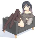  ass bangs black_hair blue_eyes blush brown_hair brown_legwear collarbone commentary_request couch crossed_legs gradient_hair grey_sweater hair_between_eyes hand_on_leg hatsunatsu head_tilt long_hair long_sleeves multicolored_hair naked_sweater no_shoes off-shoulder_sweater on_couch one_side_up original parted_lips shadow sleeves_past_wrists solo sweater thighhighs twitter_username white_background 