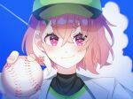  1girl ball baseball_(object) baseball_cap black_undershirt blue_sky cloud earrings fang floating_earrings green_hat hakuu919 hat highres holding holding_ball jacket jewelry nijisanji pink_eyes pink_hair sasaki_saku short_hair skin_fang sky solo virtual_youtuber white_jacket 