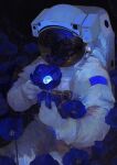  1other ai-generated astronaut blue_flower blue_theme earth_(planet) flower gloves helmet highres holding holding_flower holding_telescope looking_at_flowers momowaaai original planet reflective_surface size_difference solo space space_helmet spacesuit star_(sky) telescope upper_body white_gloves 