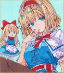  870hanamarumomo :o alice_margatroid apron aqua_background blonde_hair blue_dress blue_eyes bow capelet doll dress frilled_hairband frilled_ribbon frills hair_bow hairband hand_on_own_face looking_at_viewer pantyhose ribbon shanghai_doll short_hair touhou traditional_media 
