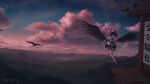  1girl absurdres architecture artist_name bird black_skirt black_wings cloud cloudy_sky crow east_asian_architecture fasnakegod gensokyo highres landscape scenery shameimaru_aya shirt skirt sky solo sunset touhou white_shirt wings 