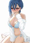  1girl barefoot bikini bikini_under_clothes blue_bikini blue_hair blush breasts brown_hair cleavage commentary_request crossed_bangs feet heart heart-shaped_pupils highres large_breasts long_sleeves love_live! love_live!_superstar!! partial_commentary pisagi shirt short_hair sidelocks simple_background sitting solo swimsuit swimsuit_under_clothes symbol-shaped_pupils toes wakana_shiki wariza white_background white_shirt 