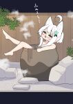  1girl :d =_= absurdres animal_ear_fluff animal_ears barefoot blue_flower blush closed_eyes commentary_request flower glasses hair_flower hair_ornament highres nude original outdoors partially_submerged round_eyewear saisoku_no_yukkuri sidelocks smile solo steam translation_request water white_hair 