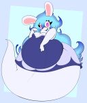 2023 3_fingers absurd_res anthro bangs belly bent_arm big_belly blue_background blue_clothing blue_dress blue_hair blue_tongue breasts clothed clothed_anthro clothed_female clothing digital_drawing_(artwork) digital_media_(artwork) dress english_description eye_through_hair eyelashes eyelashes_through_hair fangs female female_anthro fingers flat_colors full-length_portrait ghost hair hi_res huge_hips hybrid lagomorph legless long_ears long_hair mammal mario_plus_rabbids_sparks_of_hope midnite_(mario_plus_rabbids) mitten_hands multicolored_hair no_pupils noseless obese obese_anthro obese_female open_mouth open_smile overweight overweight_anthro overweight_female portrait princecoffeecakes purple_eyes rabbid raving_rabbids rayman_(series) rectangle simple_background small_breasts smile smiling_at_viewer solo spirit tan_inner_ear teeth tongue translucent translucent_hair two_tone_hair ubisoft wavy_hair wide_hipped_anthro wide_hipped_female wide_hips