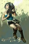  1girl black_skirt blue_tube_top boots brown_boots coat copyright_name cuson firing gun holding holding_gun holding_weapon jill_valentine miniskirt resident_evil resident_evil_3:_nemesis shell_casing skirt strapless tube_top weapon 