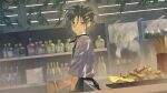  1boy apron black_apron black_hair commentary cup fagi_(kakikaki) fish_(food) food fruit holding holding_cup holostars kanade_izuru lemon lemon_slice short_hair solo virtual_youtuber 