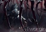  artist_name black_cape black_coat black_gloves black_hat bloodborne bug butterfly cape character_request check_copyright chinese_commentary closed_mouth coat commentary_request commission copyright_request elbow_gloves gloves hat highres holding light_particles long_hair looking_to_the_side orange_eyes red_vest teeth tricorne tworain_w upper_body vest watermark white_hair 