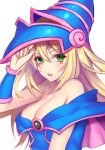  1girl artist_request bad_anatomy blonde_hair breasts cleavage dark_magician_girl female green_eyes hat large_breasts long_hair looking_at_viewer magical_girl shiny smile solo yu-gi-oh! yuu-gi-ou yuu-gi-ou_duel_monsters 