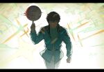  1boy amuro_ray balancing_ball balancing_on_finger ball blue_jacket brown_hair char&#039;s_counterattack clenched_hand closed_mouth commentary_request cowboy_shot gundam gundam_gquuuuuux index_finger_raised jacket letterboxed looking_at_viewer messy_hair mobile_suit_gundam pants parody scene_reference solo sparkle sparkle_background spinning spoilers starshadowmagician turtleneck white_pants 