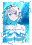  1girl absurdres bare_shoulders blue_eyes bow breasts brown_hair clothing_cutout crown dress earrings facing_viewer frills grey_hair hair_ornament highres jewelry koi_ni_naritai_aquarium looking_at_viewer love_live! love_live!_sunshine!! ocean s_sho_mkrn short_hair simple_background solo tiara underwater upper_body watanabe_you water wavy_hair 