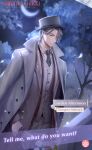  1boy artist_request black_necktie bouquet buttons character_name closed_mouth coat coat_on_shoulders collared_coat collared_jacket collared_shirt commentary copyright_name cowboy_shot crescent_moon dress_pants earrings elf english_commentary english_text expressionless eyes_visible_through_hair flower formal_clothes graveyard grey_coat grey_eyes grey_hair grey_hat grey_jacket grey_pants grey_suit grey_vest hair_over_one_eye hat highres holding holding_bouquet jacket jewelry lapels layered_sleeves light_frown light_particles logo long_sleeves looking_at_viewer male_focus mercury_(shining_nikki) moon necktie night night_sky nikki_(series) notched_lapels official_art open_clothes open_jacket outdoors pants petals pinstripe_pattern pinstripe_vest pocket pointy_ears pointy_nose rose second-party_source shining_nikki shirt short_hair sky solo suit tombstone top_hat tree vest white_flower white_rose white_shirt 