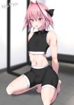  1boy artist_name astolfo_(fate) bad_source barefoot black_bow black_shorts black_tank_top blurry blurry_background blush bow bulge fate/grand_order fate_(series) hair_between_eyes hair_bow hair_intakes highres indoors kitajima_yuuki midriff multicolored_hair navel open_mouth pink_hair purple_eyes shorts sleeveless solo streaked_hair tank_top trap variant_set 