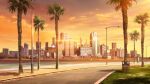  atmospheric_perspective beach cityscape cloud cloudy_sky glowing grass highres lake lamppost lens_flare no_humans non-web_source official_art our_life:_beginnings_and_always outdoors palm_tree road scenery sign sky sunset tree water 