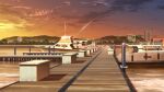  blue_sky boat building cloud cloudy_sky dock fishing_rod fog forest gradient_background highres mountainous_horizon nature no_humans non-web_source ocean official_art our_life:_beginnings_and_always outdoors palm_tree pier ship sky sunset tree water watercraft wooden_floor 