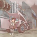  1girl armor boots brown_eyes brown_hair brown_hat brown_sky brown_thighhighs car chain-link_fence closed_mouth commentary_request expressionless factory fence full_body gears genetic_(ragnarok_online) hands_on_own_cheeks hands_on_own_face hat industrial_pipe living_clothes looking_at_viewer motor_vehicle newsboy_cap outdoors pauldrons ragnarok_online short_hair shoulder_armor sitting solo sorainu_c thighhighs white_boots 