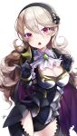  armor black_armor black_gloves black_hairband breasts cape cleavage commentary_request female_my_unit_(fire_emblem_if) fire_emblem fire_emblem_if gloves hairband highres long_hair medium_breasts my_unit_(fire_emblem_if) open_mouth pointy_ears red_eyes ringozaka_mariko signature simple_background solo white_background white_hair 