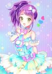  808taro :d antenna_hair arm_strap blue_bow blue_dress bow bowtie dress hair_bow high_ponytail layered_dress long_hair looking_at_viewer open_mouth pink_bow pretty_(series) pripara purple_hair shiny shiny_hair side_ponytail smile solo standing striped striped_background toudou_shion white_bow wrist_cuffs yellow_eyes 