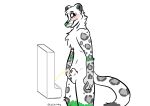 absurd_res animal_genitalia animal_penis anthro balls blush bodily_fluids coalcolorhusky felid feline_genitalia feline_penis genital_fluids genitals hi_res holding_balls karno_(coalcolorhusky) male mammal pantherine peeing penis sheath simple_background snow_leopard solo standing tail urinal urine white_background white_body