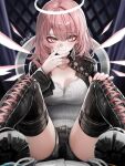  1girl 1other absurdres angel_wings arknights artist_name black_boots black_jacket black_shoes black_shorts blush boots breasts bullet_earrings buttons cleavage collar collarbone_peek collared_jacket commentary crotch detached_wings dot_nose earrings energy_wings eyeliner fingernails hair_between_eyes halo hand_on_own_knee hand_on_own_leg hand_up highres index_finger_raised jacket jewelry knees_up lace-up_boots large_breasts legs lemuen_(arknights) long_hair looking_at_viewer makeup mildt o-ring_collar open_clothes open_jacket paid_reward_available parted_lips pink_eyeliner pink_eyes pink_hair pointing pointing_up pov shirt shoe_soles shoes short_shorts shorts signature sitting sitting_on_person spread_legs straight-on teeth thigh_boots thighs traditional_halo white_collar white_halo white_shirt white_wings wing_collar wings zipper zipper_pull_tab 