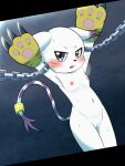 3:4 bandai_namco bdsm bodily_fluids bondage bound breasts breath cuff_(restraint) digimon digimon_(species) female gatomon genitals hands_up hi_res koufun looking_at_viewer navel nipples nude restraints shackles small_breasts solo sweat vulva