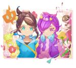  2girls aqua_eyes blue_jacket breasts character_request closed_mouth dot_(pokemon) hair_over_one_eye headphones headphones_around_neck highres hood hood_down hooded_jacket index_finger_raised jacket layered_sleeves liko_(pokemon) long_sleeves medium_breasts multiple_girls pink_eyes pink_sweater pokemon pokemon_(anime) pokemon_(creature) pokemon_horizons ponytail purple_hair purple_sweater short_hair_with_long_locks short_over_long_sleeves short_ponytail short_sleeves sidelocks sleeves_past_fingers sleeves_past_wrists smile sweater swept_bangs tonbo_(tonbo63194) two-tone_sweater upper_body yellow_sleeves 