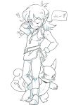  arm_up belt blue_(pokemon) boots full_body gen_1_pokemon genderswap genderswap_(ftm) gloves graphite_(medium) hand_on_hip heart highres long_hair male_focus pokemon pokemon_(creature) pokemon_special popped_collar shiro_(tiotolv) solo traditional_media wartortle 