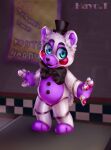3_toes 4_fingers ambiguous_gender animatronic anthro bear bow_tie clothing countershading digital_media_(artwork) digital_painting_(artwork) feet fingers five_nights_at_freddy&#039;s freddy_fazbear&#039;s_pizzeria_simulator front_view full-length_portrait hat headgear headwear helpy_(fnaf) hi_res inside looking_at_viewer machine male_(lore) mammal melantewolf open_mouth painting_(artwork) pawpads pink_body pink_countershading portrait reverse_countershading robot robot_anthro russian_text scottgames solo standing text toes top_hat white_body