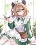  1girl animal_ears apron bag brown_bag brown_hair bug butterfly closed_mouth dress garter_straps green_dress green_eyes hair_ribbon handbag highres holding holding_smoking_pipe indie_virtual_youtuber looking_at_viewer masshiromelon medium_hair naplings_(nimi_nightmare) nimi_nightmare one_side_up ribbon smile smoking_pipe solo tapir_ears tapir_girl thighhighs virtual_youtuber white_apron white_garter_straps white_ribbon white_thighhighs 